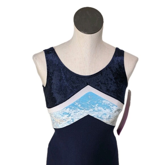 Gilda Marx VTG 90s Cotton Velvet Biketard Unitard Dance Tricolor Blue XS (Y/J) - Picture 10 of 16
